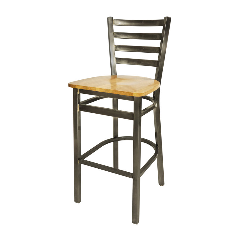 Lima Ladder Back Barstool - Mahogany Wood Seat - Steel Frame -, Natural Wood/Clear