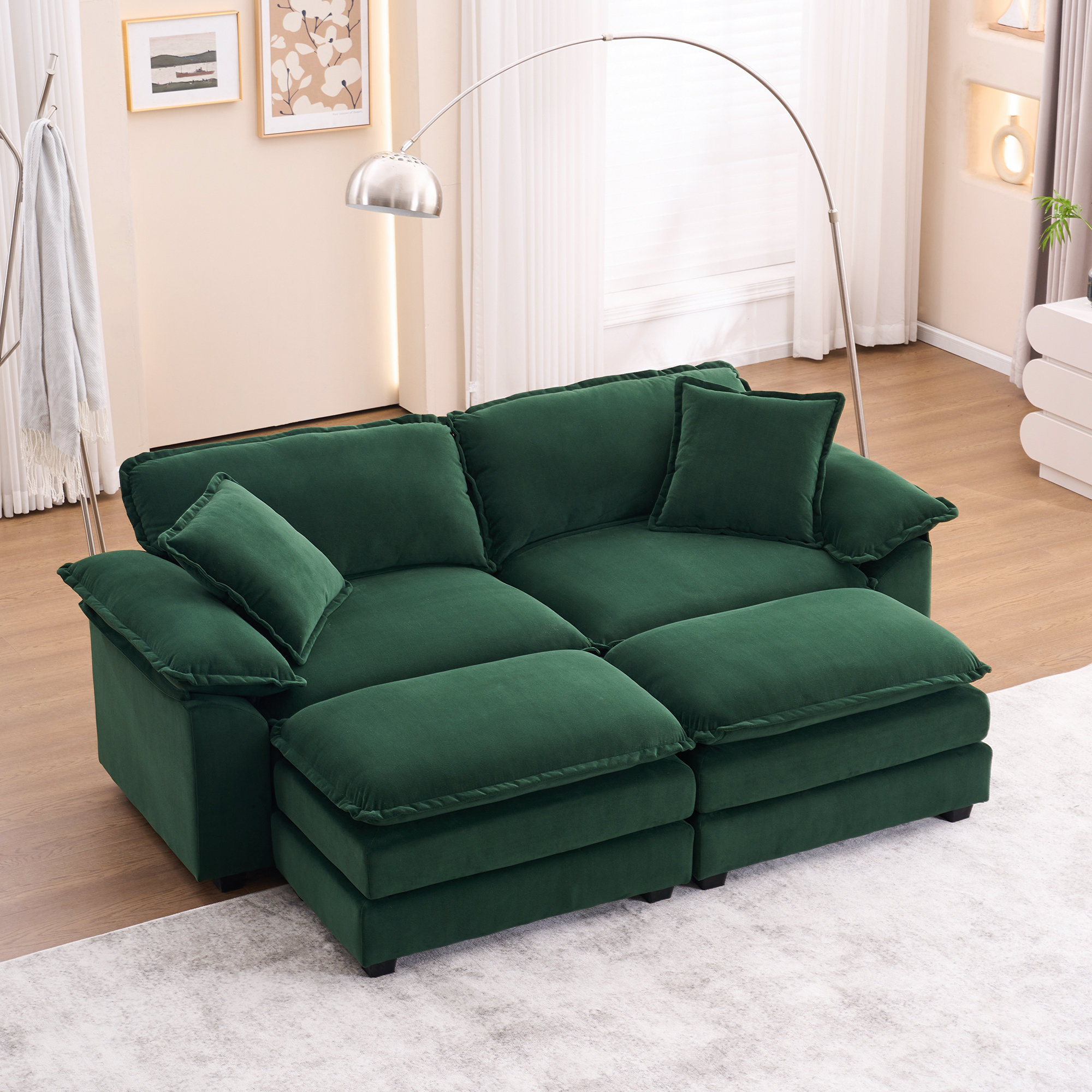 Hallam 84.6'' Oversized Upholstered Sofa, Comfortable Corduroy Velvet Cloud Couch, Modular Combo Loveseat with 2 Ottomans
