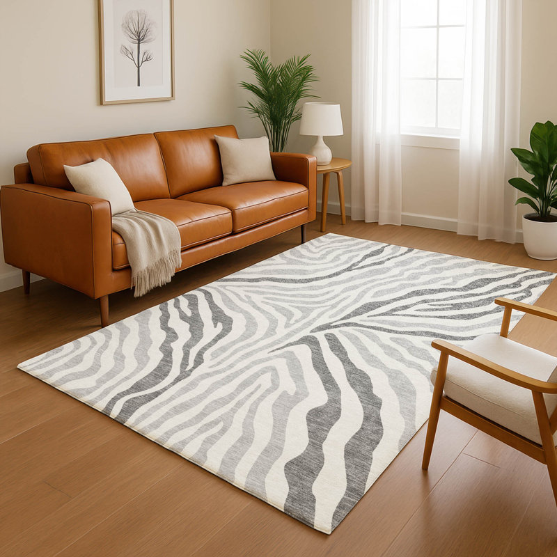 Tapis à imprimé animal de qualité supérieure lavable à la machine Villers, Gris, 3 pi x 5 pi