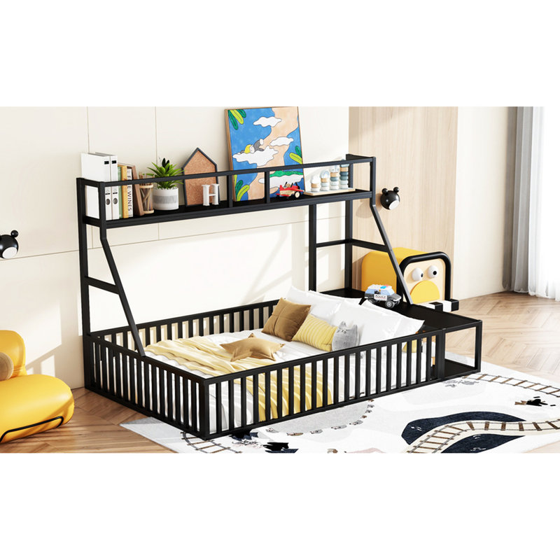 Lit de plancher pleine grandeur en métal pour jeunes avec clôture, bureau et rangement, noir, Lit double, Noir