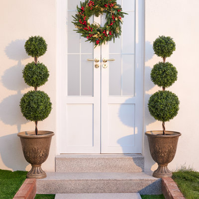 Adcock Artificial Boxwood Topiary In Pot - UV Resistant Triple Ball Faux Plant For Indoor/Outdoor Porch Décor