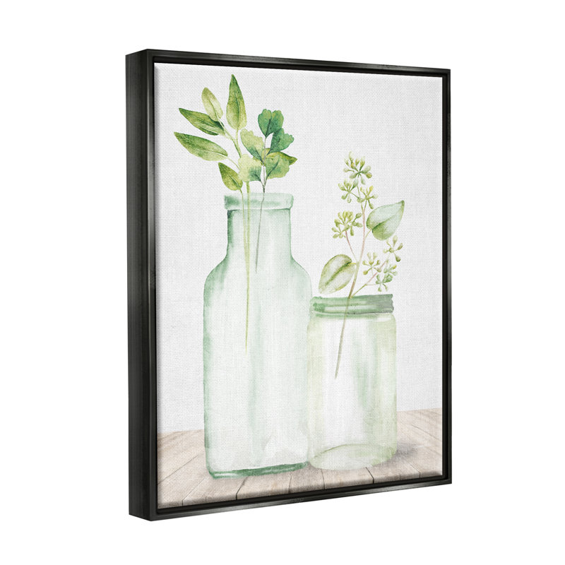 «Herbal Plant Sprigs Country Glass Jars», peinture sur toile, Cadre flottant noir de jais, H 31 po x l 25 po x P 1,7 po