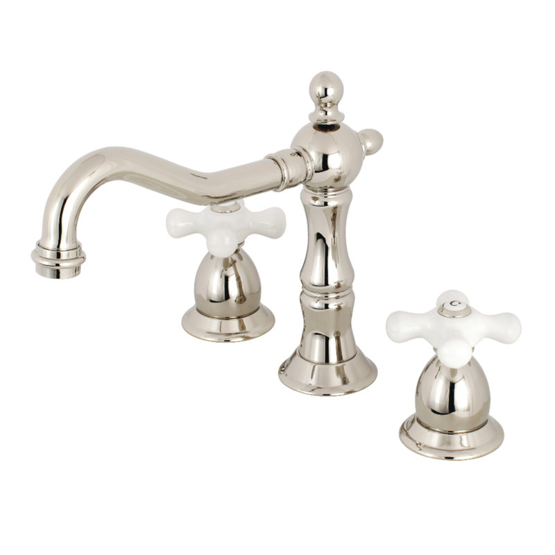 Kingston Brass Heritage Two-Handle 3-Hole Deck Mount Widespread Bathroom Faucet with Brass Pop-Up Drain, Polished Nickel