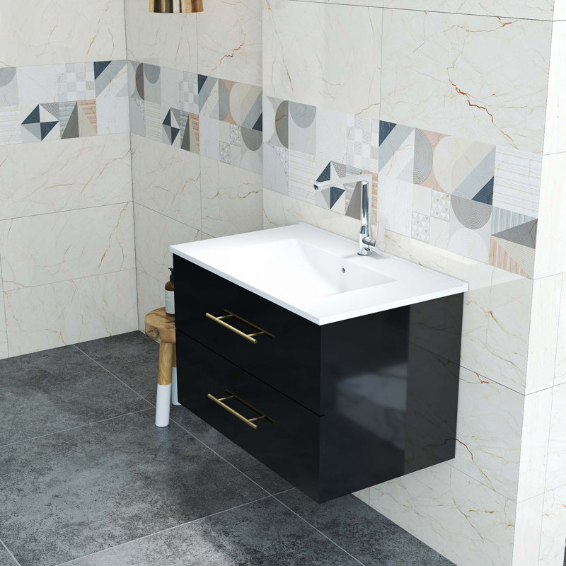 Meuble-lavabo mural brillant avec miroir, Noir, Doré, 30"