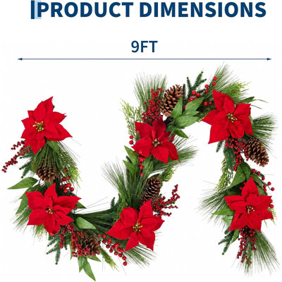 Gar Guirlande de poinsettia rouge de 9 pi】 La guirlande de Noël s'étend à environ 9 pi, donnant des manteaux, des rampes d'escalier, des portes, des fenêtres