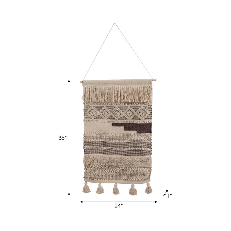 Boho Canvas Wall Hanging with Woven Cotton and Polyester Canvas Accents on Wooden Rod for Textured Layered Look