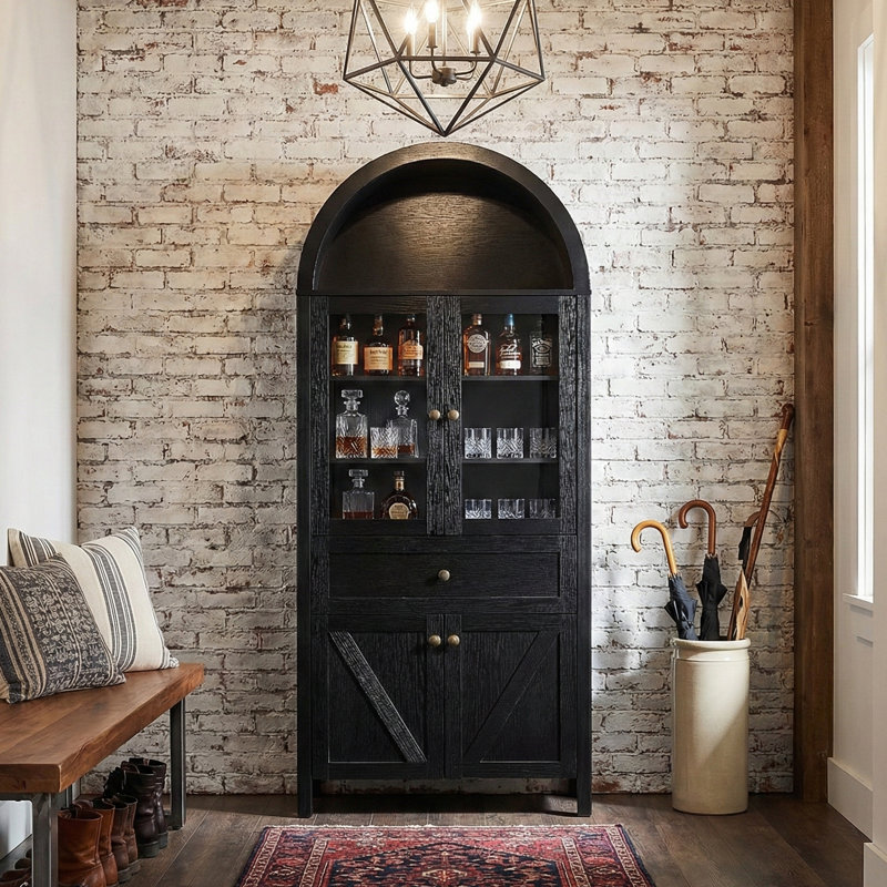 72" Arched Top Display Cabinet With Plastic Doors, Vintage Freestanding Bookshelf With Drawer & Storage, Black, Black