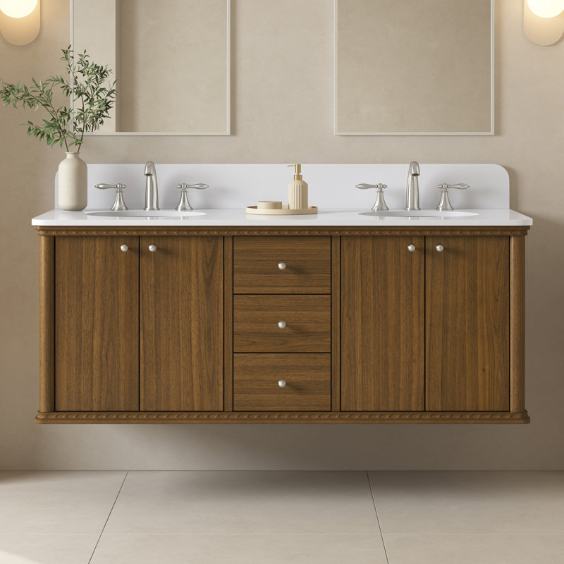 Meuble-lavabo double 60 po OVE Helena, Noyer chaud, 60" W, Nickel brossé