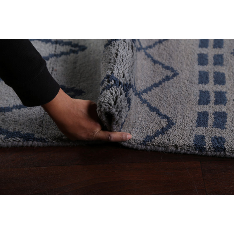 Tapis unique en laine noué à la main gris / bleu nouvel âge 5 pi 1 po x 8 pi 3 po