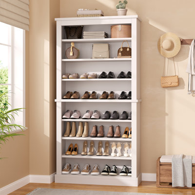 71'' Tall Shoe Cabinet With Open Storage For Entryway, 9 Tiers Thickened Wood Freestanding Shoe Storage Cabinet With Adjustable Shelves, Modern White Shoe Rack Cabinet For Hallway