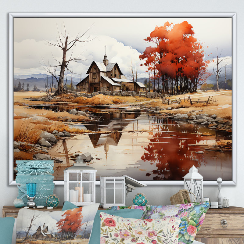 Paysage paisible de basse-cour II, Cadre flottant blanc, H 24 po x l 32 po x P 1 po