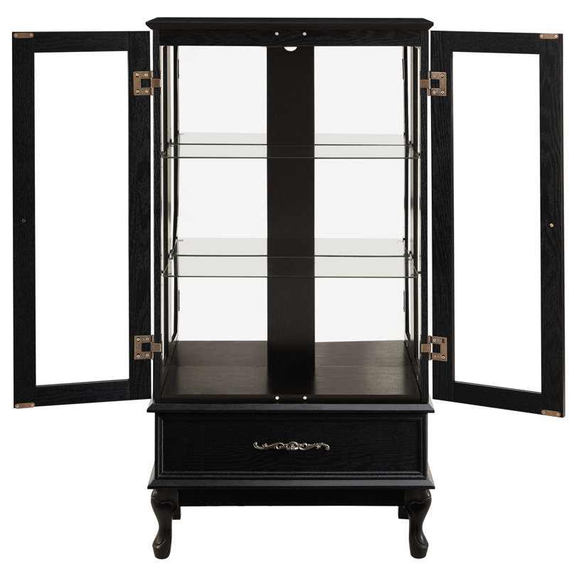2 Door Wine Cabinet With Integrated Lighting System, Adjustable Shelves, Black Finish, Hidden Drawer And Mirrored Back - Create A Captivating Display Curio Lighting, Finish Storage