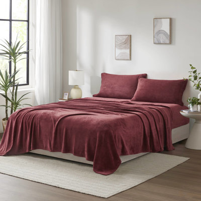 Très grand drap de 4 pièces en bourgogne, 100% doux et chaud, brossé des deux côtés, livré avec un drap plat, 2 taies d'oreiller ajustées, pour matelas de 16 po, bourgogne lavable à la machine, sensation de velours doux,