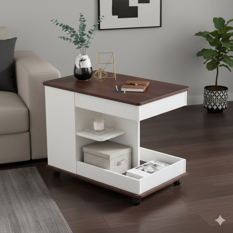 Adjustable End Table On Wheels, A Modern Multifunctional Sofa Side Table With A Lift-Top, A 360° Rotating Top, And Storage Space. Designed For Living Rooms And Small Spaces.