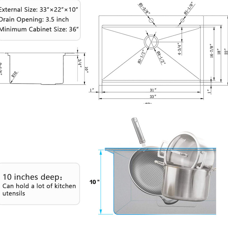 Stainless Steel Kitchen Sink 33-Inch - With Ledge & Accessories For Modern Design Drop-In Practical Use, Silver