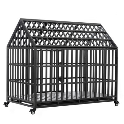 52" Heavy Duty Dog Crate Large Dog Cage Strong Metal Dog Kennels And Crates For Large Dogs With 4 Lockable Wheels