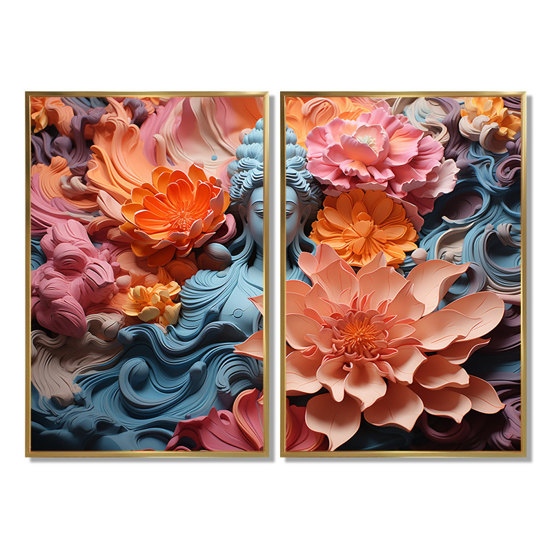 Statue de bouddhisme en fleurs I - Art mural traditionnel 2 panneaux, H 36 po x l 48 po, Impression encadrée flottante, Doré