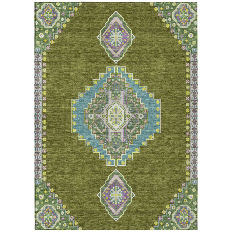 Tapis extérieur lavable oriental vert olive rose et ivoire 9 pi x 12 pi