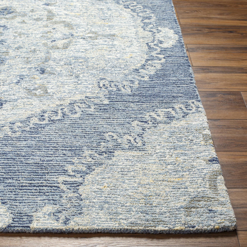 Rectangle Dolme Oriental Hand Tufted Wool Area Rug in Blue/White, Rectangle 2' x 3'
