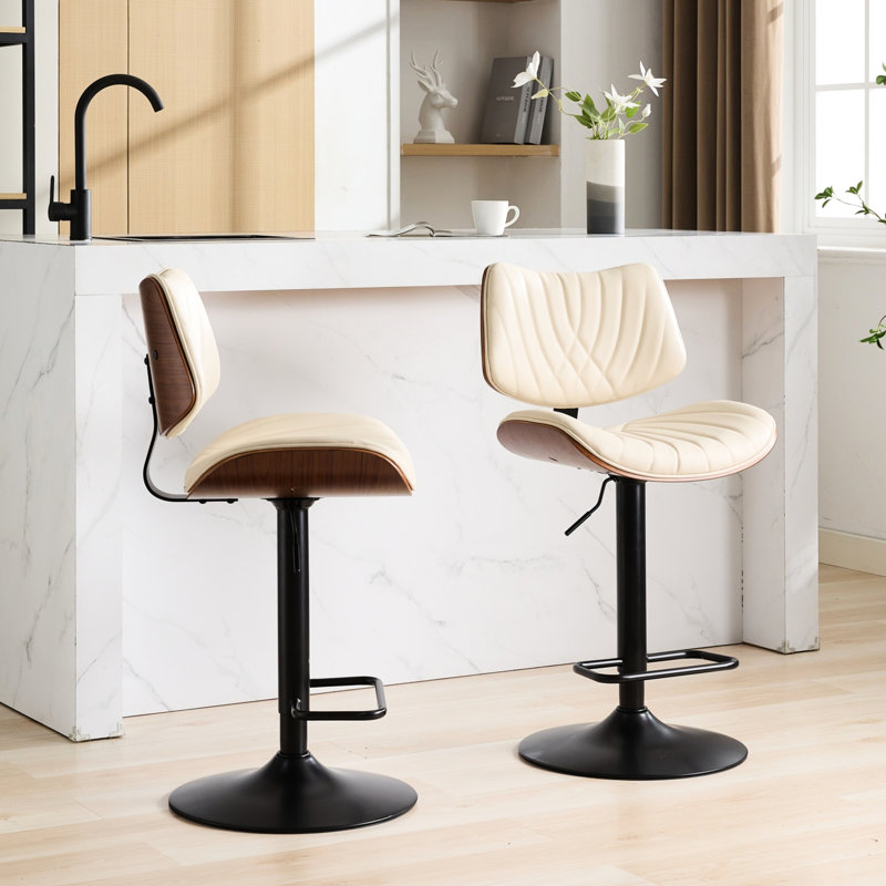 Tabourets de bar réglables beiges, structure en noyer, siège pivotant à 360 degrés, pour îlot de cuisine / salle à manger / café, de style Mid-Century et cuir, réglables, pivotants, beiges, 2 salles à manger / cafés