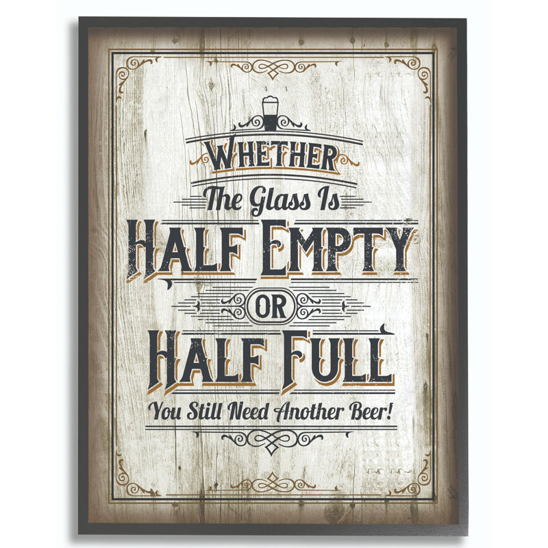 «Half Empty Beer Sign Bar Room Word Design», art textuel, H 20 po x l 16 po, Giclée encadrée noir minuit