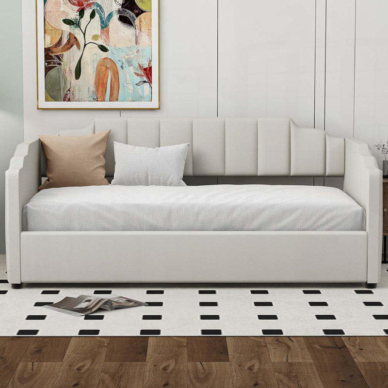 Lit de jour rembourré avec rangement inférieur, Beige, Lit simple