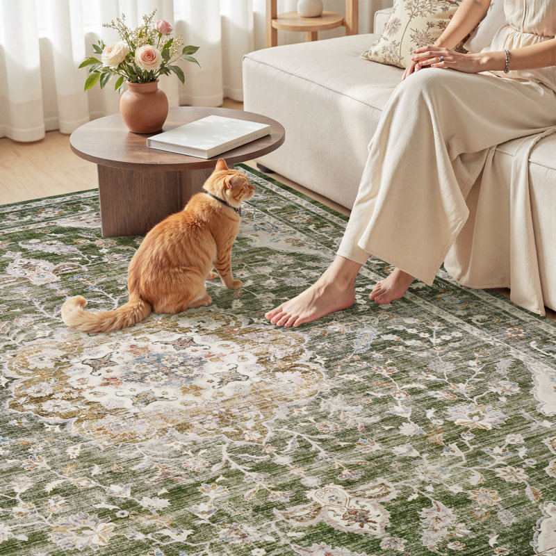 Machine Washable Vintage Floral Soft Area Rug With Non-Slip Backing For Living Room, Bedroom Sage Green, Rectangle 8' x 10'