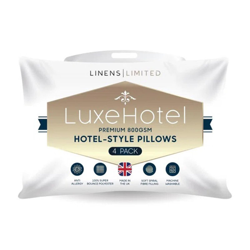 Linens Limited Soft Pillows, Made in the UK, Hotel Quality, LuxeHotel Bounce Back Pillows, Soft and Firm with Orthopedic Support, Non-Allergenic, Machine Washable - Pack of 4