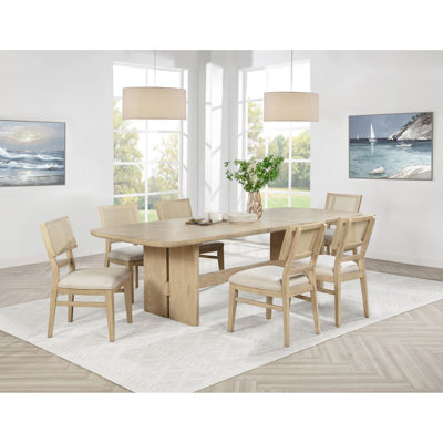 Table de salle à manger rectangulaire en bois de chêne beige avec 6 sièges, rallonge amovible de 18 pouces, base à tréteaux et chaises rembourrées en mousse rembourrées de mousse et dossier en canne tissé à la main, style bord de mer