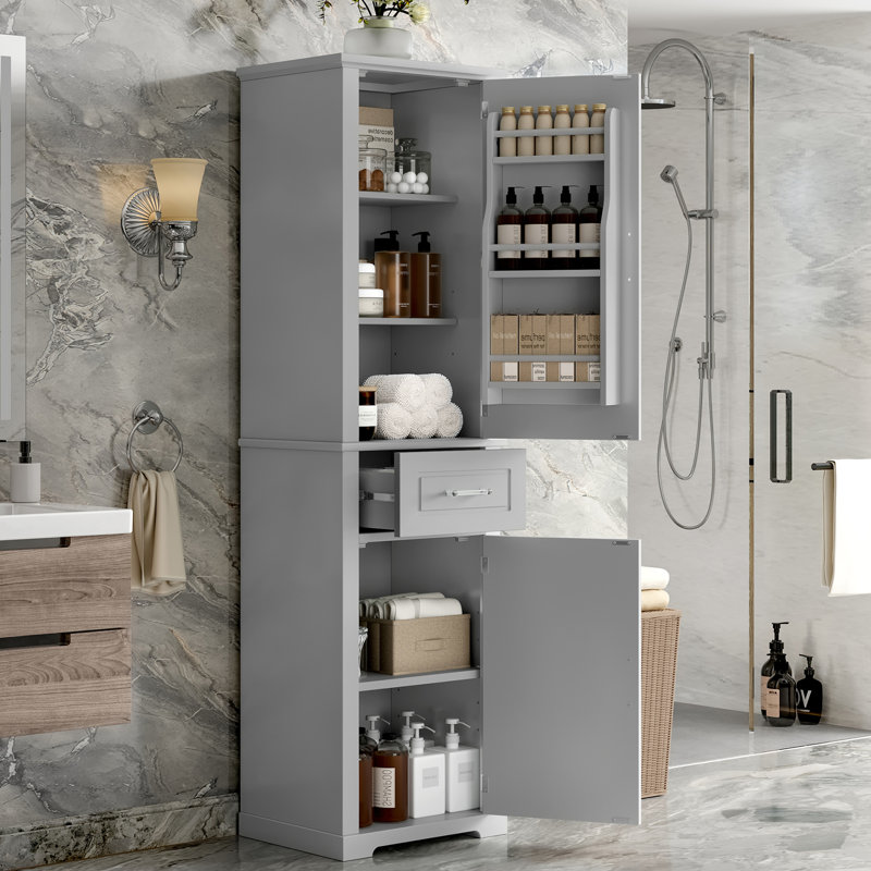 Grande armoire de rangement autoportante en lin pour salle de bain, Gris