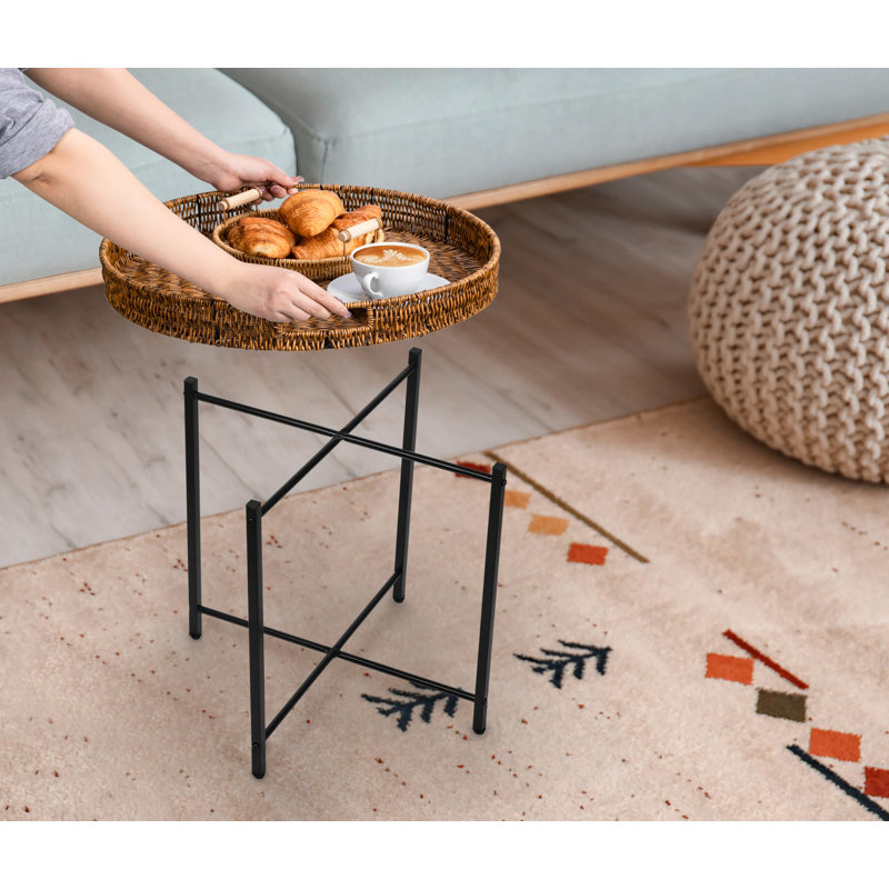 Brown Small Round End Table, 19In Rattan End Tables, Wicker Rattan Side Table, Round Sofa Side Table, Indoor Outdoor Side Tables For Patio
