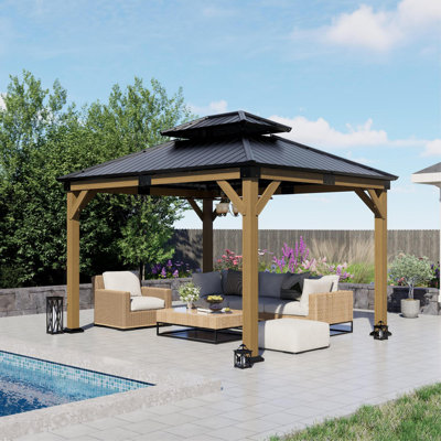 Pavillon de jardin en bois de cèdre 10 po x 12 po, toit en bois de cèdre avec toit en acier galvanisé à double couche, poteaux en bois de 4,7 pi d'épaisseur pour patio, cour, jardin, terrasse