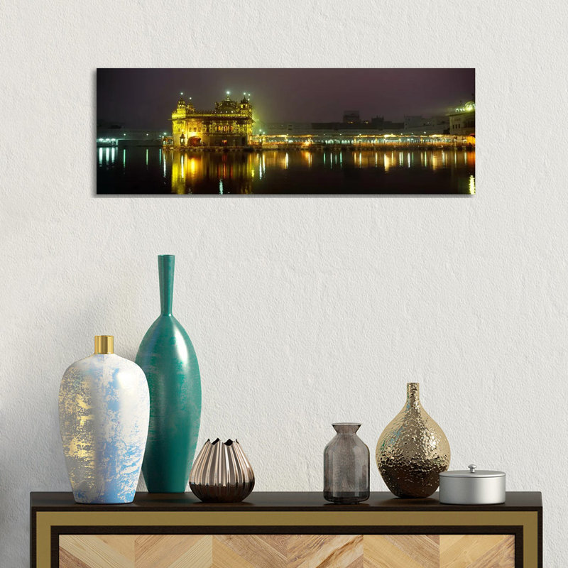 Temple Lit Up At Night, Golden Temple, Amritsar, Punjab, India - Wrapped Canvas Panoramic Print