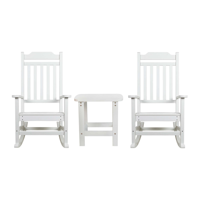 3 Piece Set All-Weather Poly Resin Rocking Chairs with Accent Side Table, White
