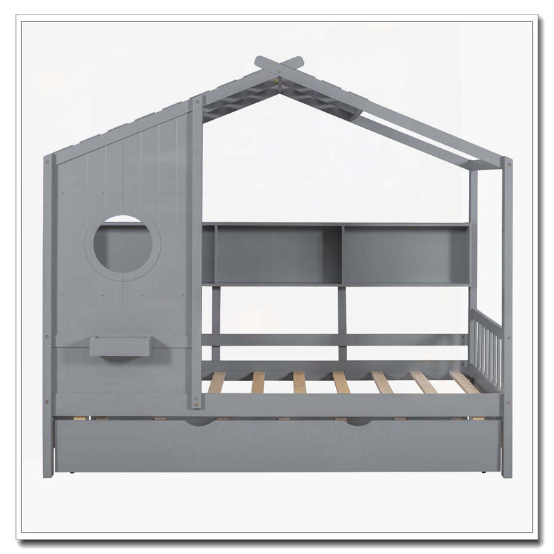 Lit maison avec lit gigogne, Gris, Lit simple