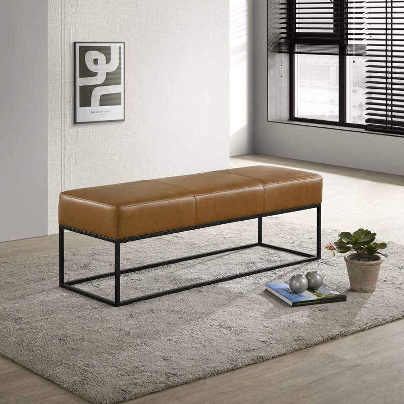 Vista 48.4" Mid Century Modern Tan Leather Bench with Metal Frame