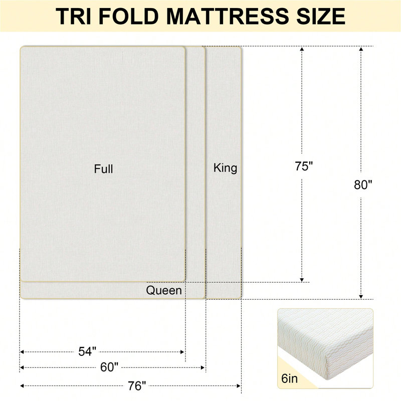 6" Tri-Fold Memory Foam Mattress, Portable Folding Murphy Bed Mattress With Removable Washable Cover & Free Storage Bag, King