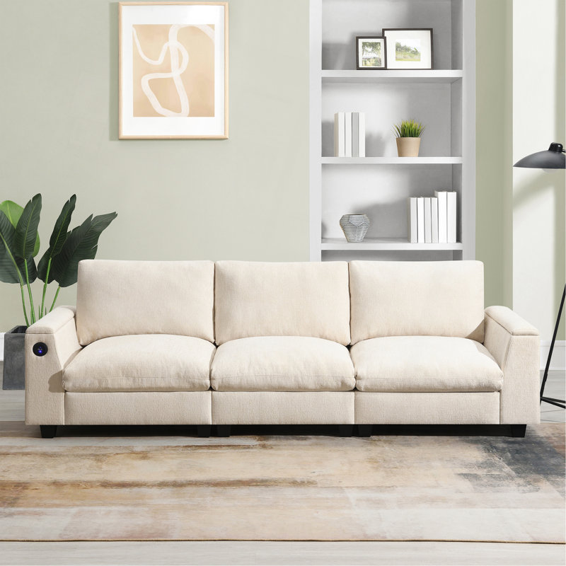 Canapé modulaire en chenille avec haut-parleur intégré, table, porte-gobelets, chargeur USB et accoudoir de rangement, Beige
