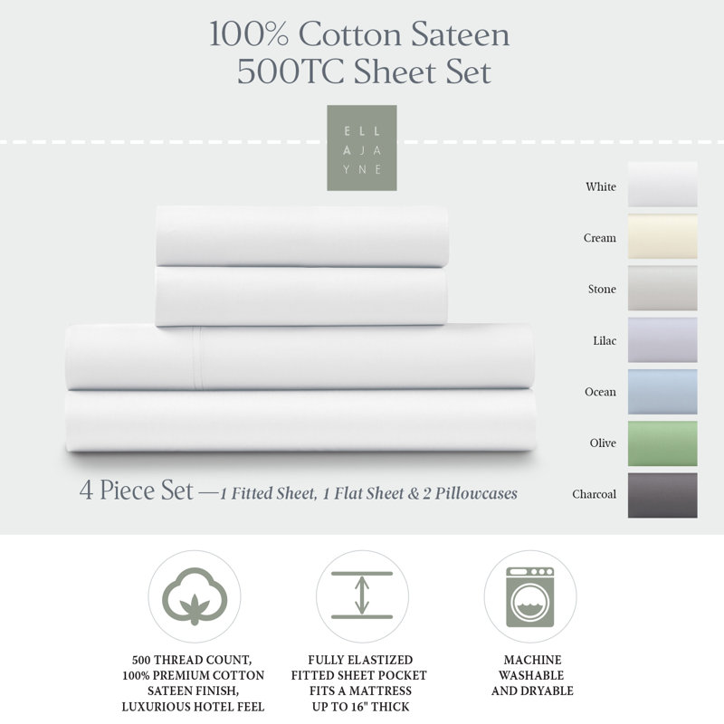  500 Thread 100% Cotton Sateen Sheet Set (4PC.), King, White