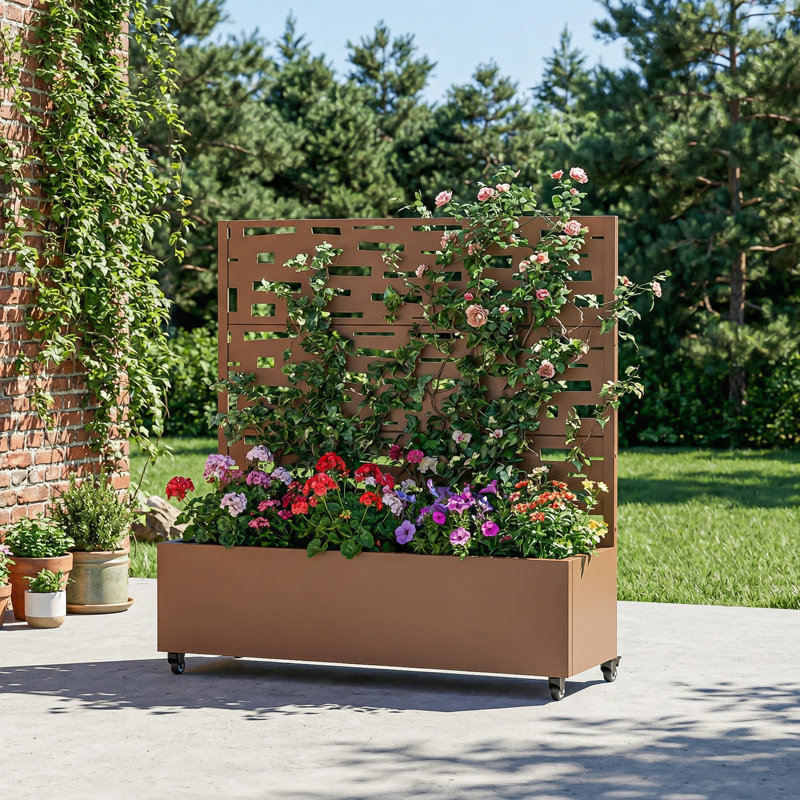 Boîte à fleurs en métal avec treillis et roues, H 47 po x l 47 po x P 16 po, Brown