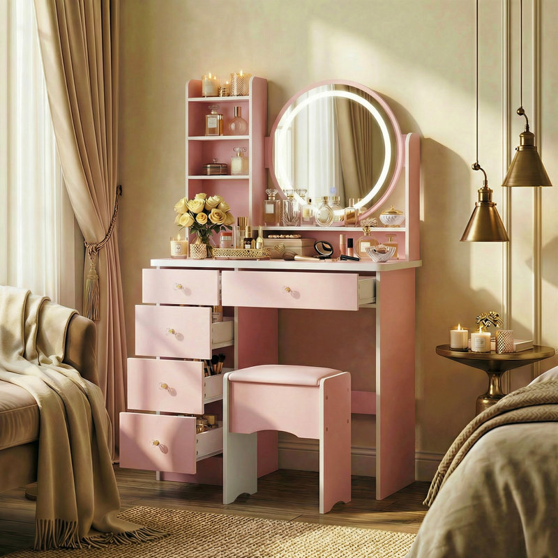 Ensemble coiffeuse de 80 cm de large avec miroir lumineux DEL tricolore, 5 tiroirs et tabouret rembourré, Rose