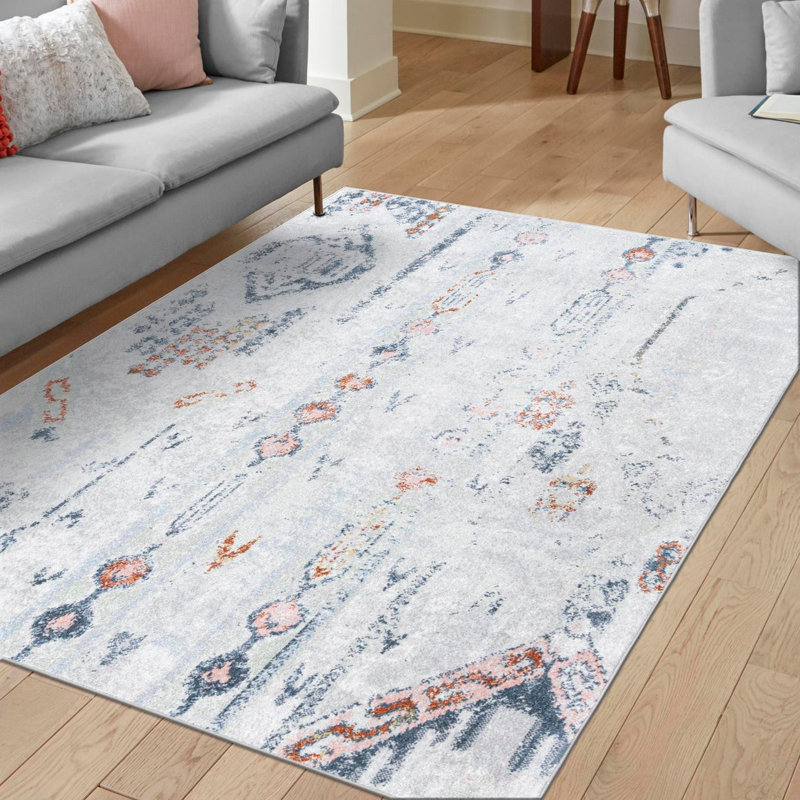 Tapis en polyester tissé à la machine Massie bleu marine / gris / taupe, Rectangle 7 pi 1 po x 10 pi