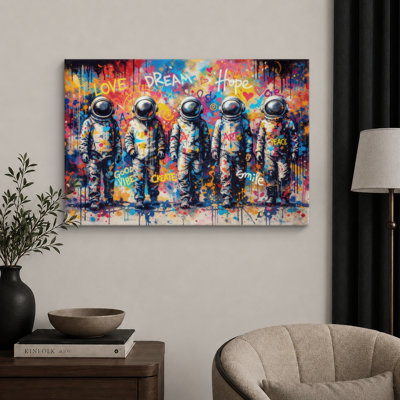 Colorful Astronaut Graffiti Artwork, Kids Room Pictures, Framed Canvas Giclee Print Wall Art