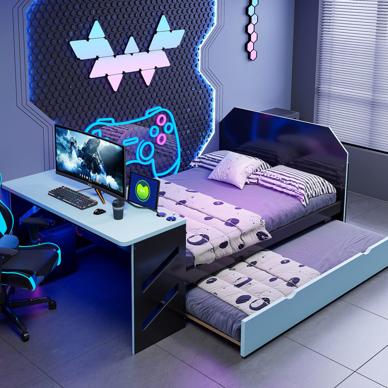Lit de jour double en bois avec lit gigogne simple, bureau et bleu nuage, idéal pour le sommeil des adolescents, Blue