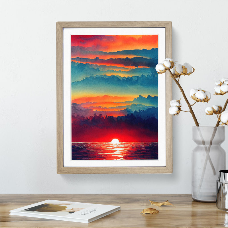 XV1022-4343X Sunset Watercolour No.2 - Single Picture Frame Print, 64cm H x 46cm W x 2cm D, Oak 