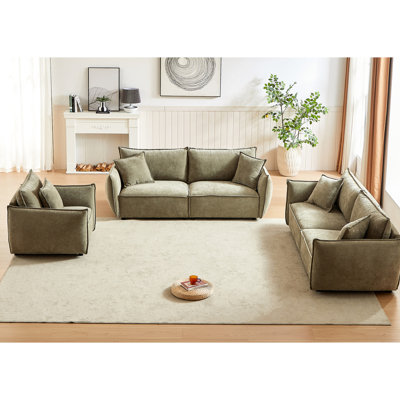 7 meubles de salon, 3 + 1, tissu en lin, structure en bois avec 5 coussins modernes, structure, coussins, possibilité de places assises spacieuses, assemblage facile