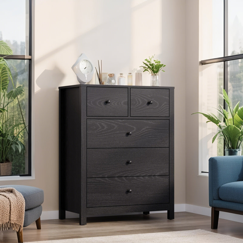 5 Drawer Dresser For Bedroom, Modern Tall Dresser Organizer With Storage Drawers, Black