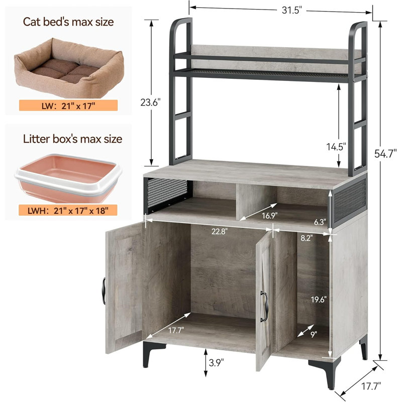 Gray MDF and Iron Cat Litter Box Enclosure with Shelves