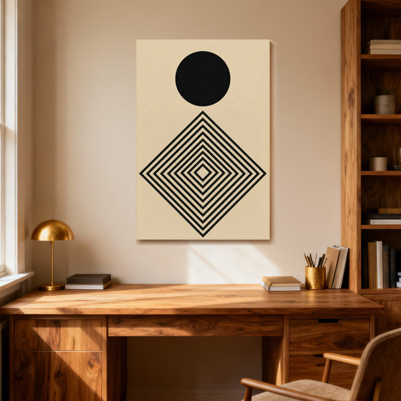 Cercle noir tendance au-dessus de losanges concentriques, H 20 po x l 30 po