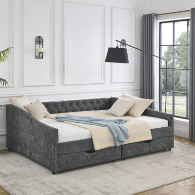 Queen Size Daybed With Drawers Upholstered Tufted Sofa Bed, With Button On Back And Copper Nail On Waved Shape Arms, Grey (84.5"x63.5"x26.5")